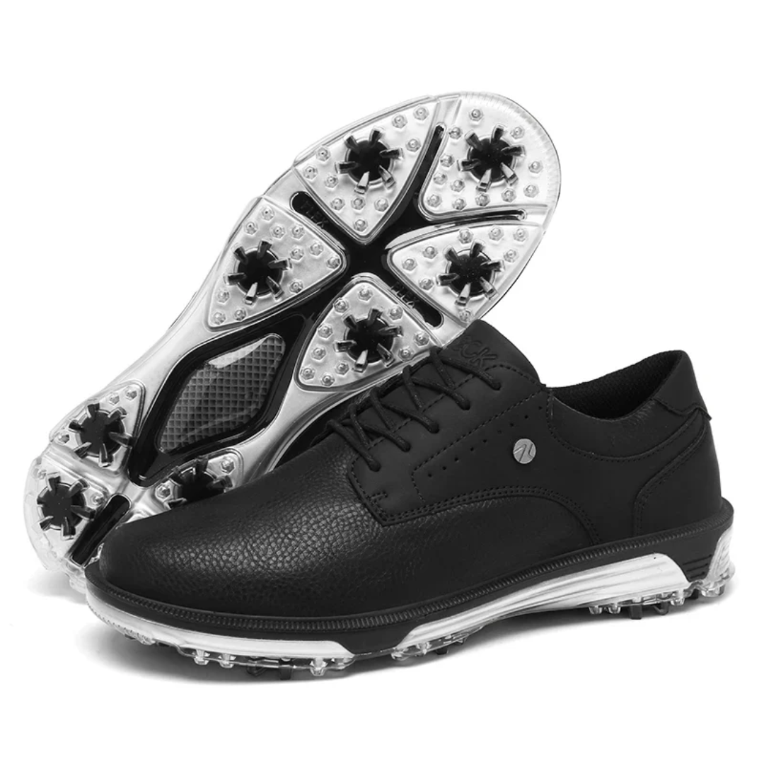 Schwarze Golfschuhe aus Leder mit Spikes, rutschfest, Herren, sportlich, langlebig.
