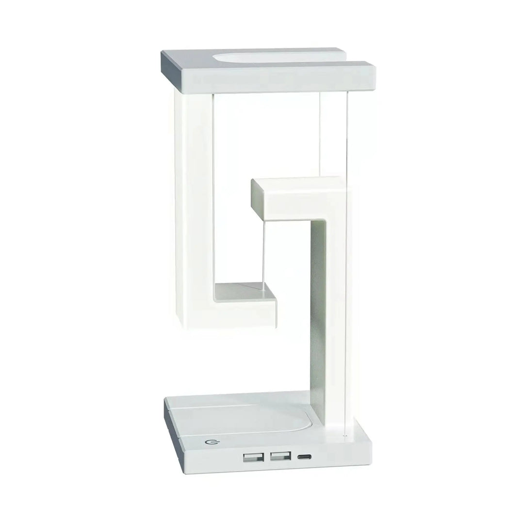 Moderne weiße LED-Tischlampe mit USB-Anschlüssen, minimalistisches Design, energiesparend.