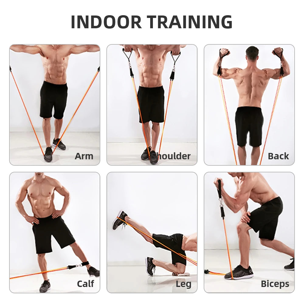 Mann trainiert mit orangefarbenen Widerstandsbändern, Fitness, Muskelaufbau, Indoor-Training.