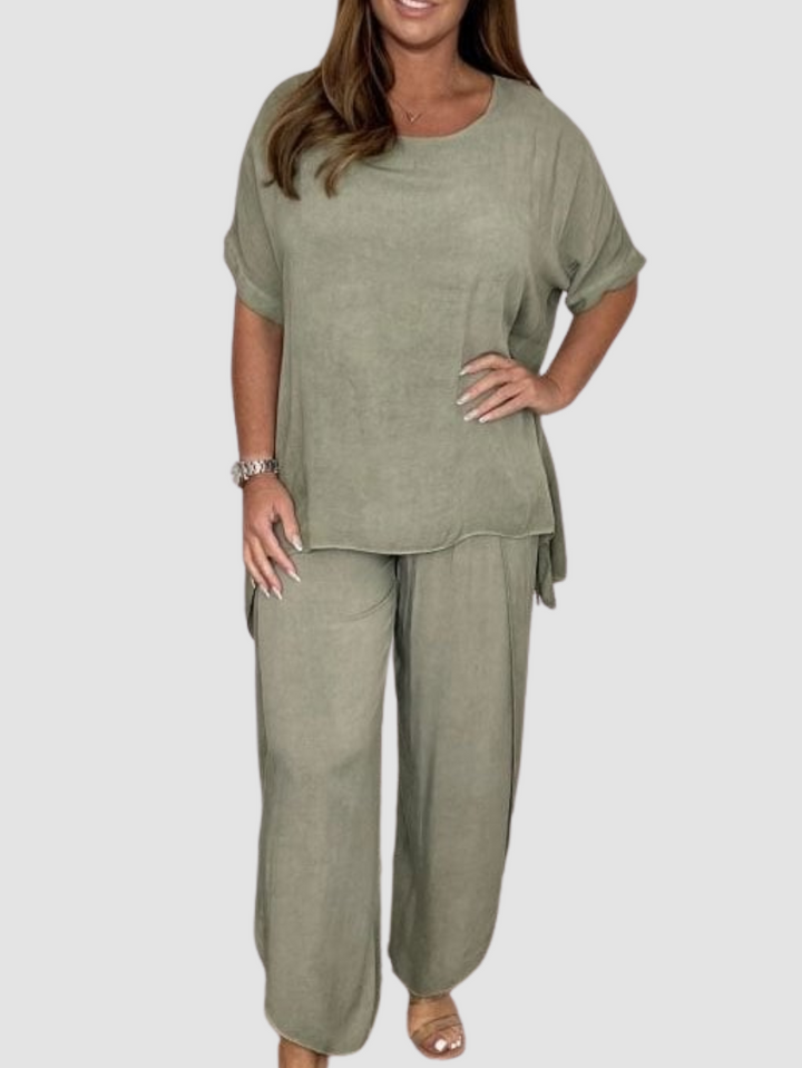 Damen Zweiteiler Set, olivgrün, lässig, Leinen, Sommermode, bequem, Kurzarm, weite Hose.