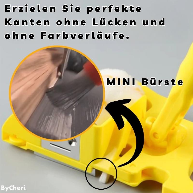 Detail spodní části žlutého nástavce s malým štětečkem u hrany, v kruhovém výřezu je vidět dotažení barvy do rohu. 3