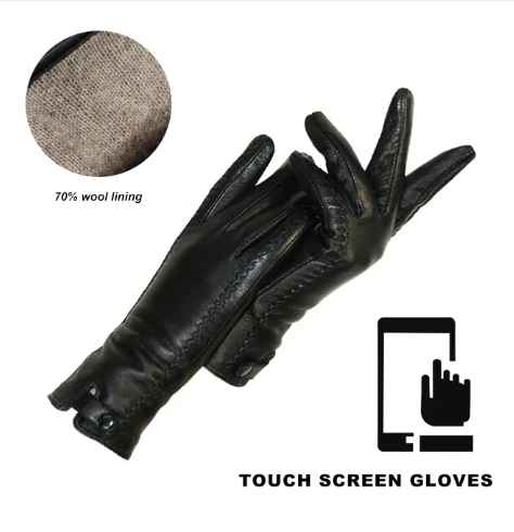 Schwarze Touchscreen-Handschuhe aus Leder mit 70% Wollfutter, wintertauglich.