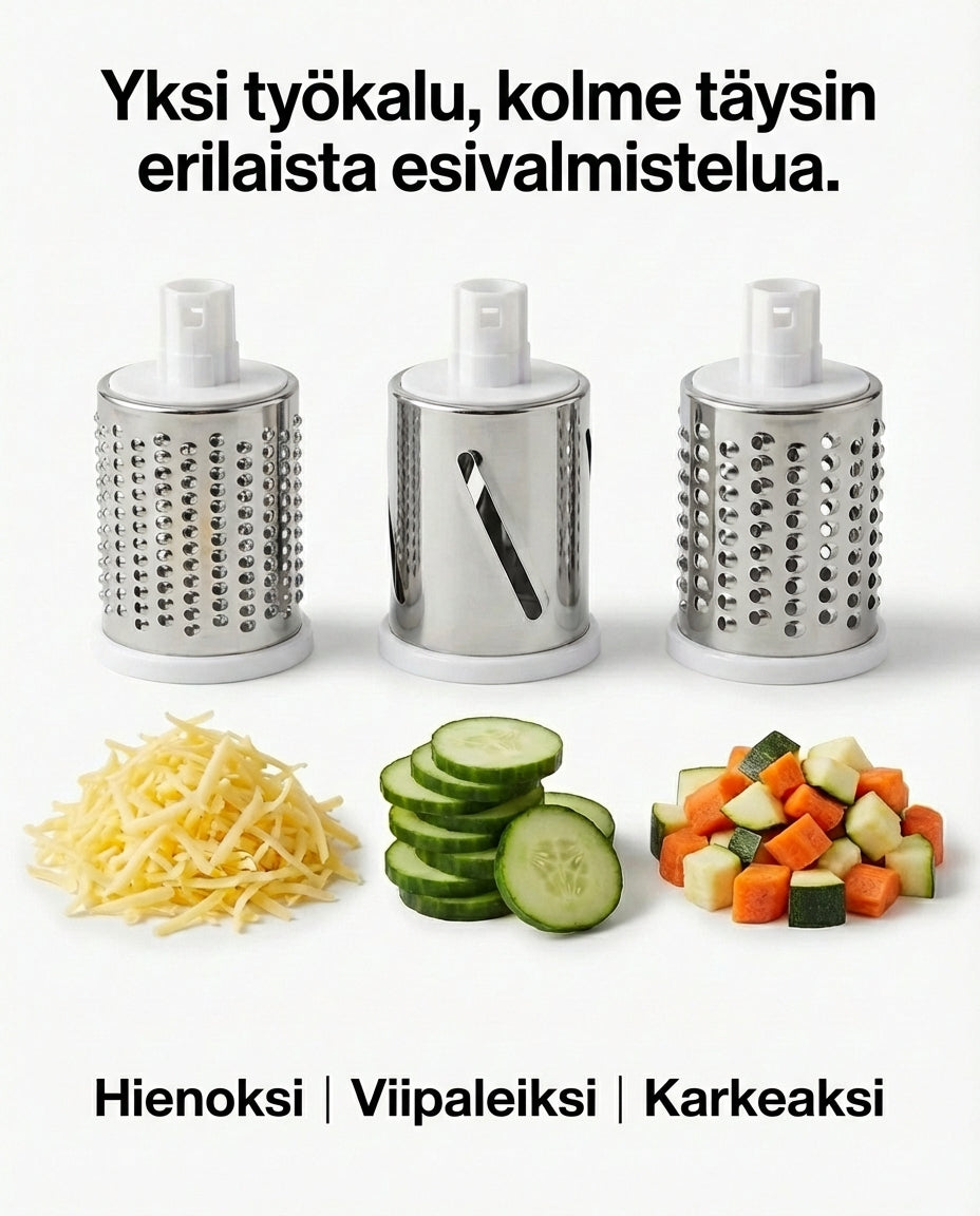Tři kovové výměnné bubny vedle sebe, pod nimi nastrouhaný sýr, plátky okurky a kostičky mrkve s cuketou. 6