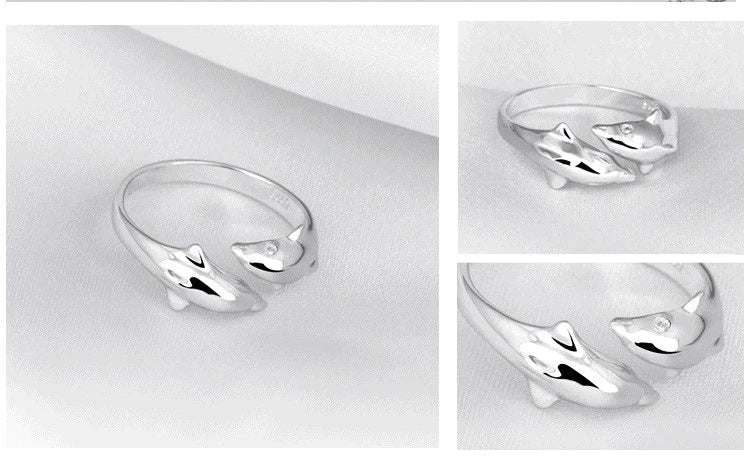 Silberner Delfin-Ring, verstellbar, glänzend, Schmuck für Damen, modisches Accessoire.