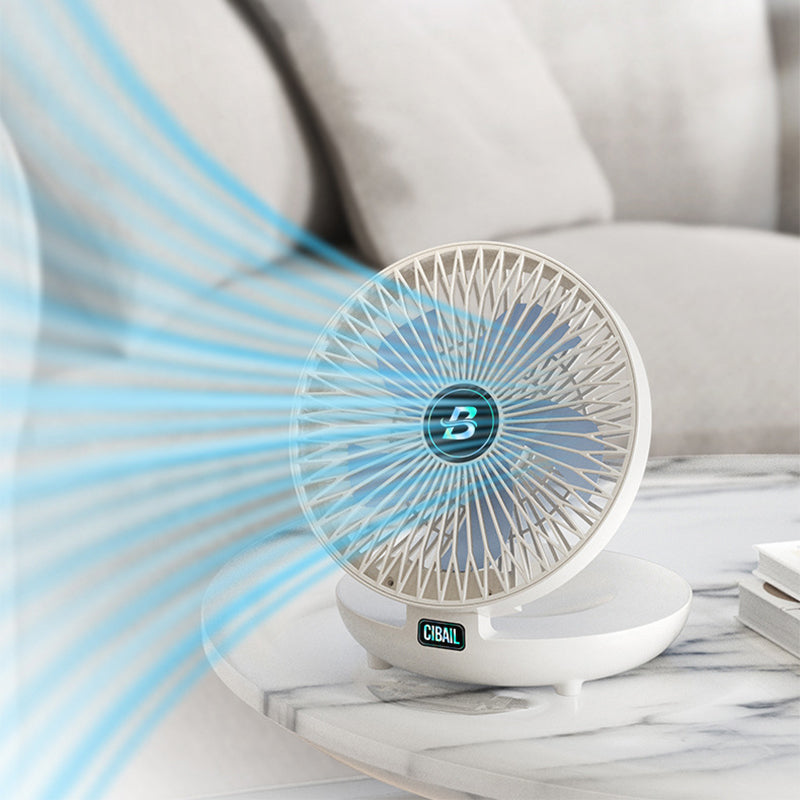Weißer Tischventilator mit Luftstrom, modernem Design, ideal für Wohnzimmer, energiesparend.