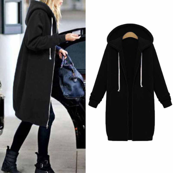 Schwarzer Damen-Hoodie-Mantel, lang, mit Reißverschluss, Kapuze, lässig, modisch, Herbstbekleidung.