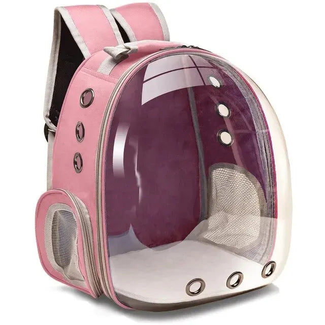 Rosa transparenter Haustier-Rucksack mit Belüftungslöchern, ideal für Katzen und kleine Hunde.