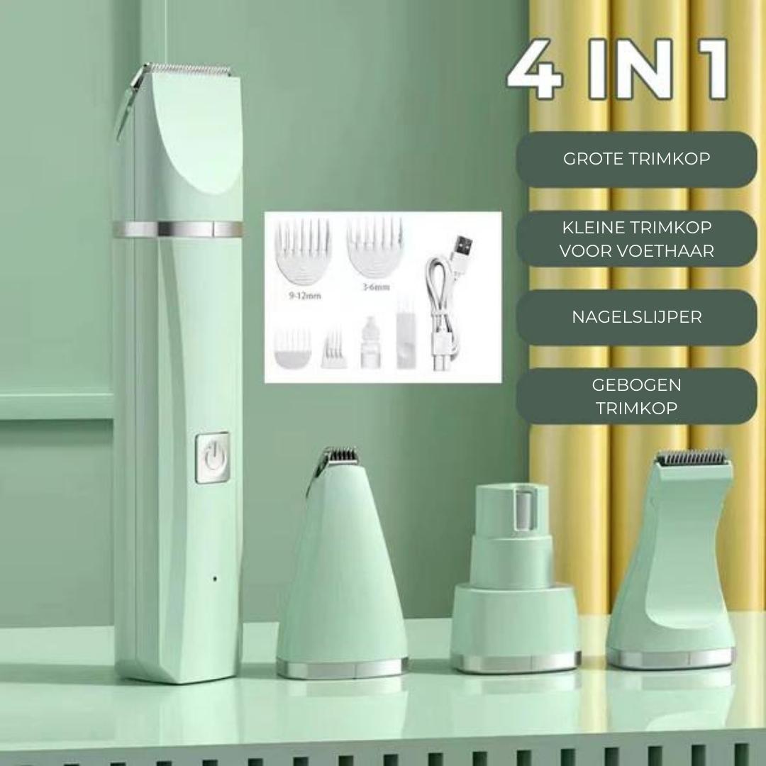 4-in-1 Haarschneider Set, mintgrün, mit Aufsätzen und USB-Kabel, für Haare und Nägel.