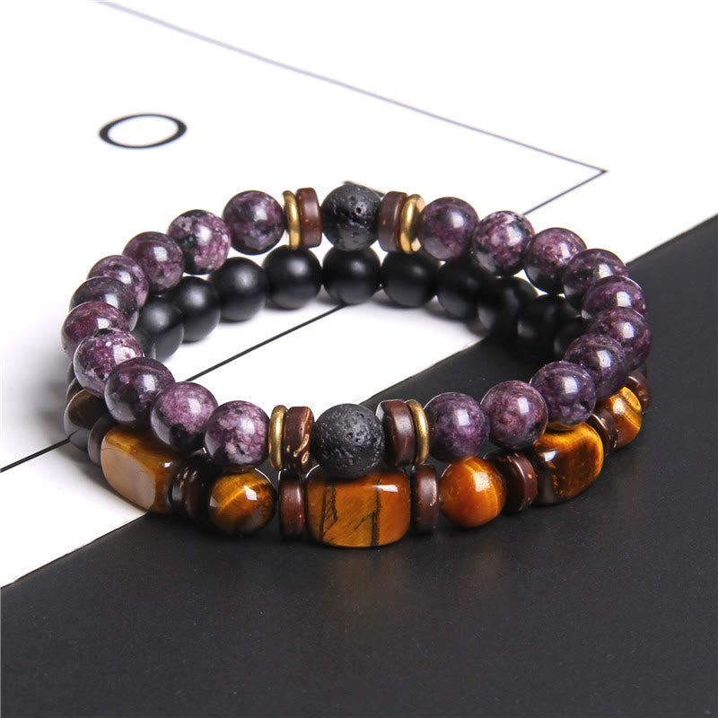 Zwei Armbänder aus Tigerauge und Amethyst, elastisch, für Damen und Herren, modisch.