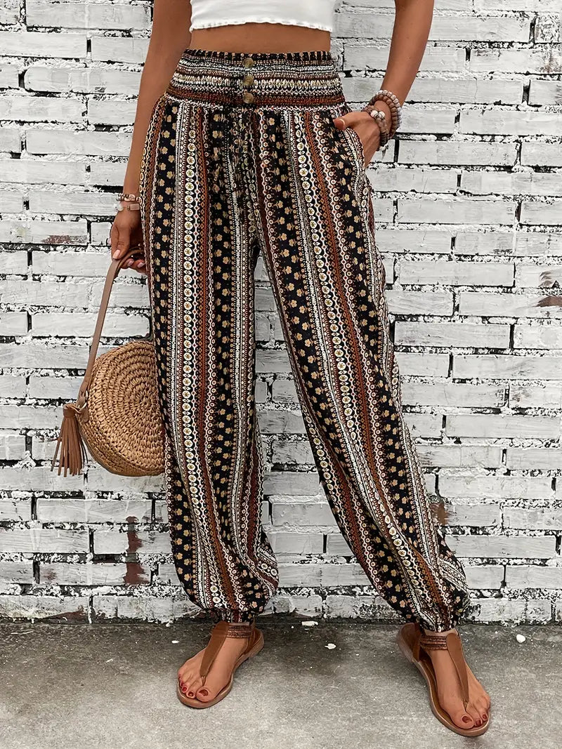 Boho-chic dámské kalhoty s grafickým potiskem – Solara