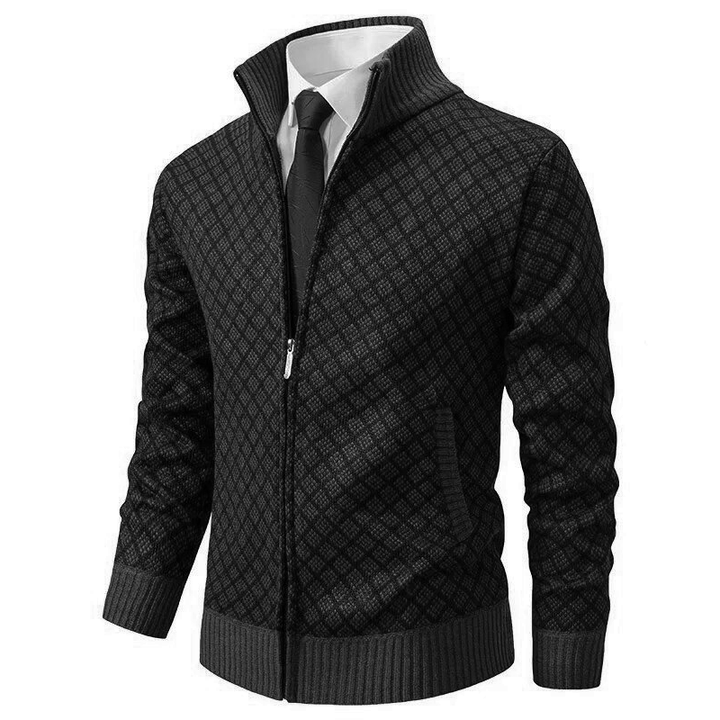 Schwarze Herrenjacke mit Reißverschluss, kariertes Muster, eleganter Stil, ideal für Business.