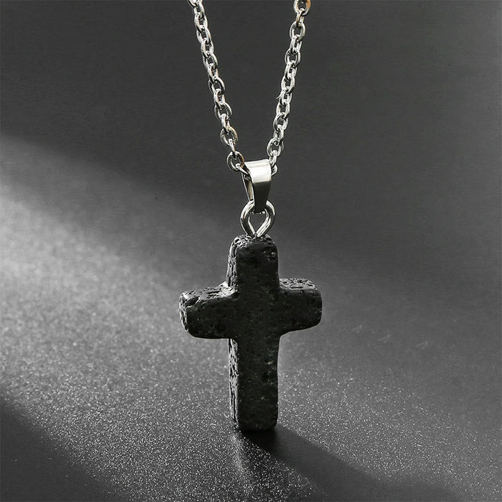 Schwarze Lavastein-Kreuzkette, Edelstahlkette, modisches Schmuckstück für Herren und Damen.