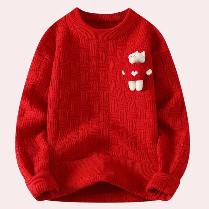 Roter Strickpullover mit Bärenapplikation, Damenmode, Winterkleidung, gemütlich, modisch.