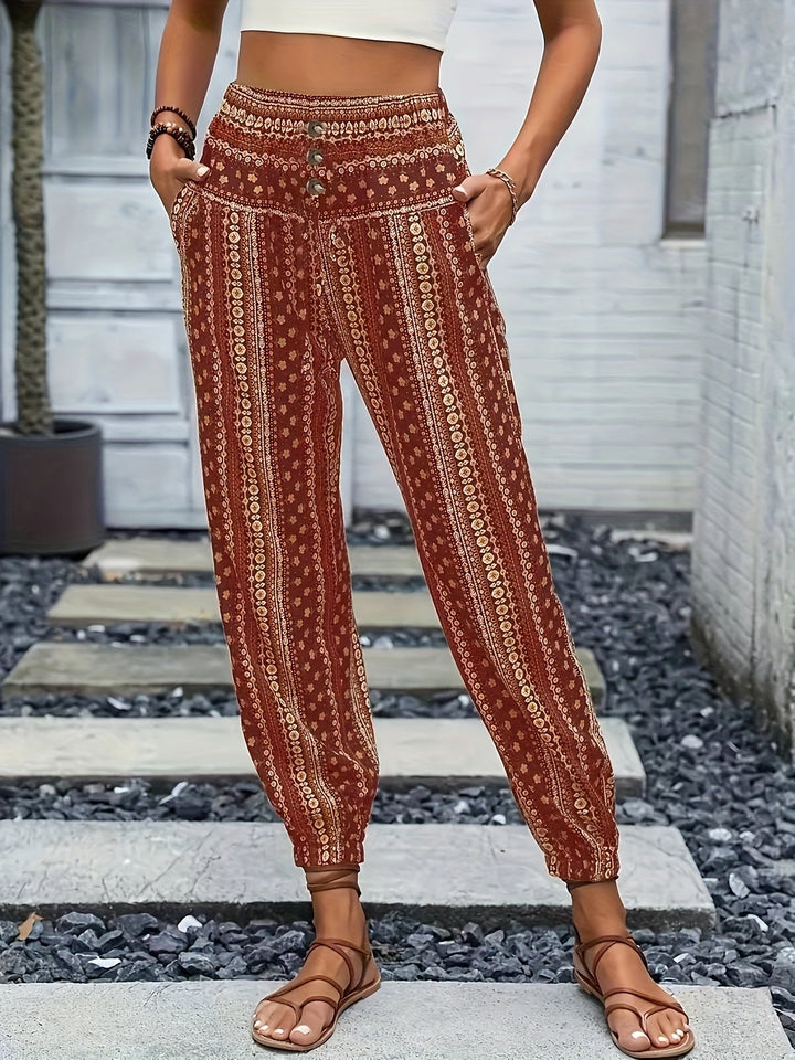 Boho Haremové dámské kalhoty s potiskem a nabíraným pasem – Linara