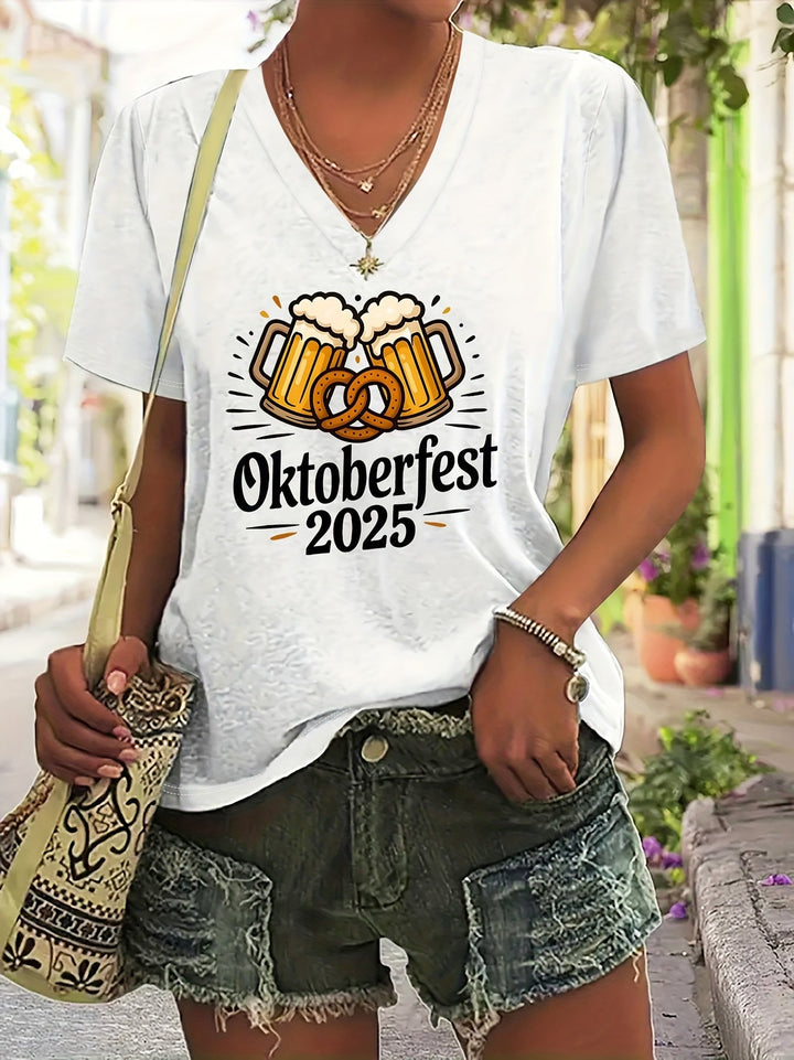 Dámské plus size V-krční tričko s grafickým potiskem – Anneliese Oktoberfest 2025
