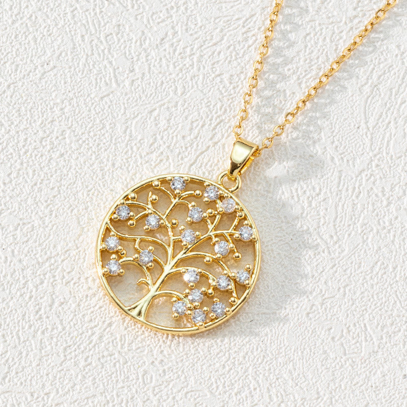 Goldener Lebensbaum-Anhänger mit Zirkonia, filigranes Design, Damen-Schmuck, Geschenkidee.