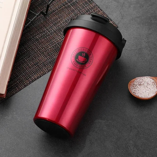 Roter isolierter Reisebecher 500ml, doppelwandig, auslaufsicher, Edelstahl, Thermoskanne.