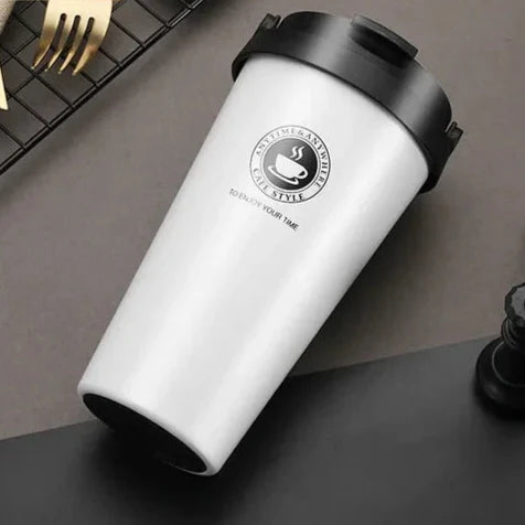 Weiße 500ml Thermoskanne, doppelwandig, auslaufsicher, Edelstahl, für Kaffee oder Tee.