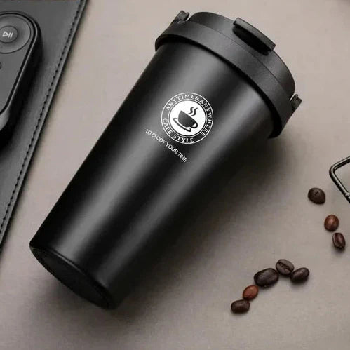 Schwarzer 500ml Thermobecher aus Edelstahl, doppelwandig, auslaufsicher, für Kaffee und Tee.