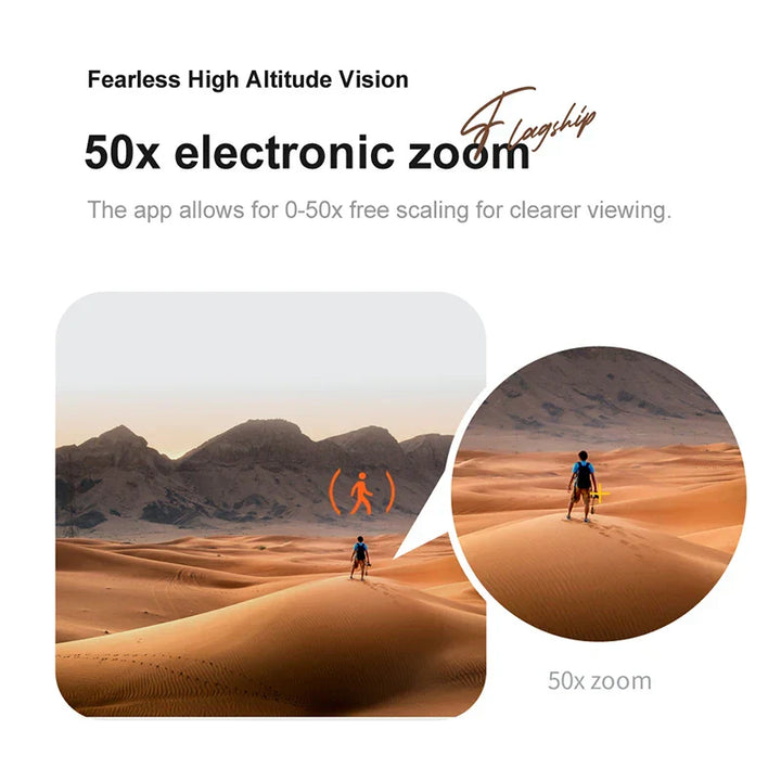 Person in Wüste mit 50x elektronischem Zoom, Berge im Hintergrund, klare Sicht, hohe Auflösung.