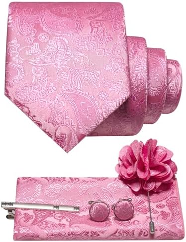 Set kravaty s paisley vzorem, kapesníčku, manžetových knoflíčků, spony a brože v růžové barvě 26