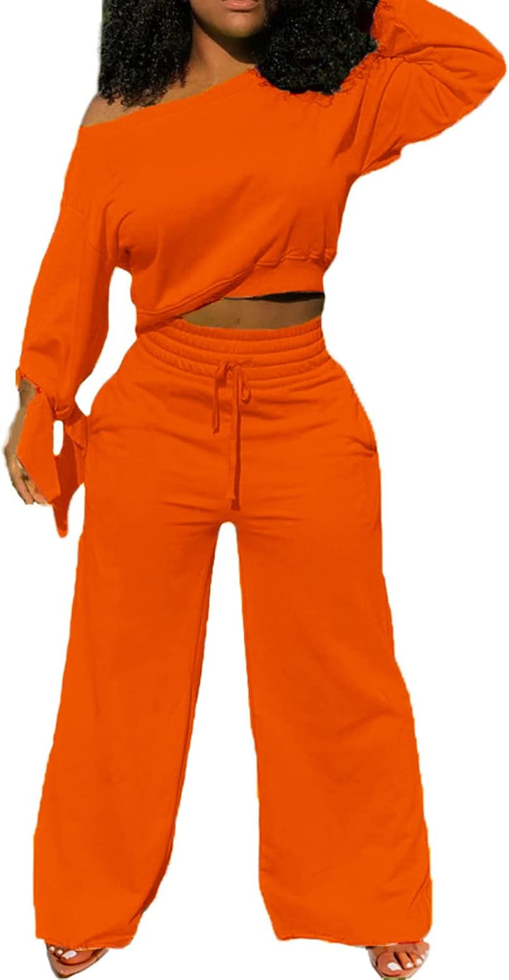 Damen Zweiteiler Set, orange, Off-Shoulder Top, weite Hose, Freizeitmode, Baumwolle.