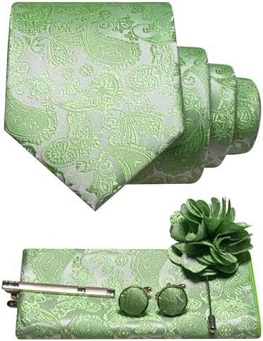 Set kravaty s paisley vzorem, kapesníčku, manžetových knoflíčků, spony a brože ve světle zelené barvě 22