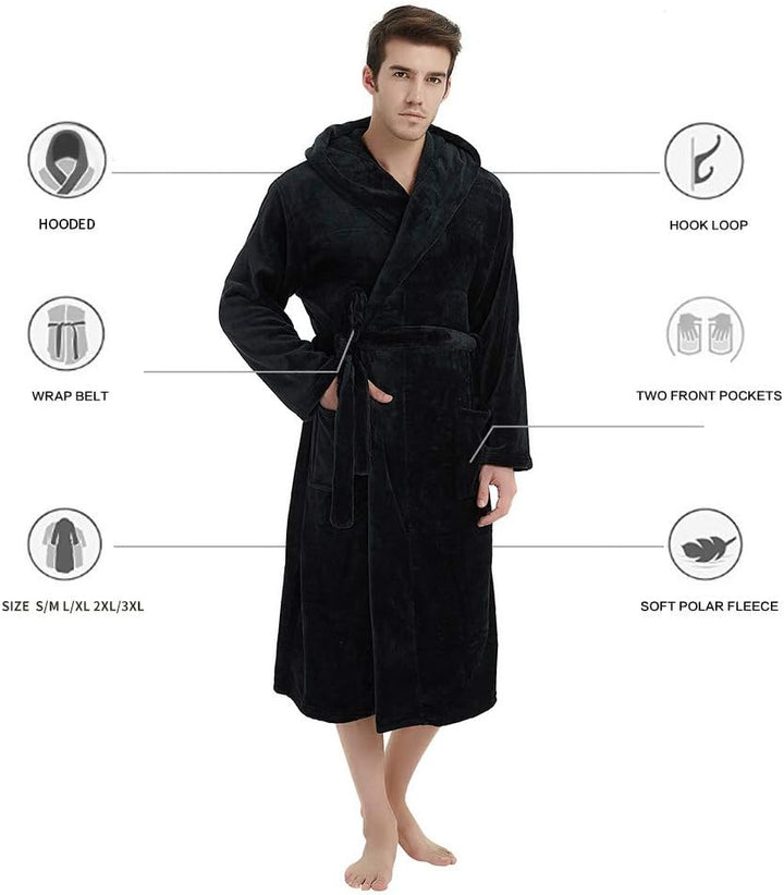 Schwarzer Herren-Bademantel aus weichem Fleece mit Kapuze, Gürtel und Taschen, Größen S-3XL.