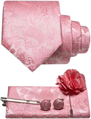 Set kravaty s paisley vzorem, kapesníčku, manžetových knoflíčků, spony a brože v lososově růžové barvě 29