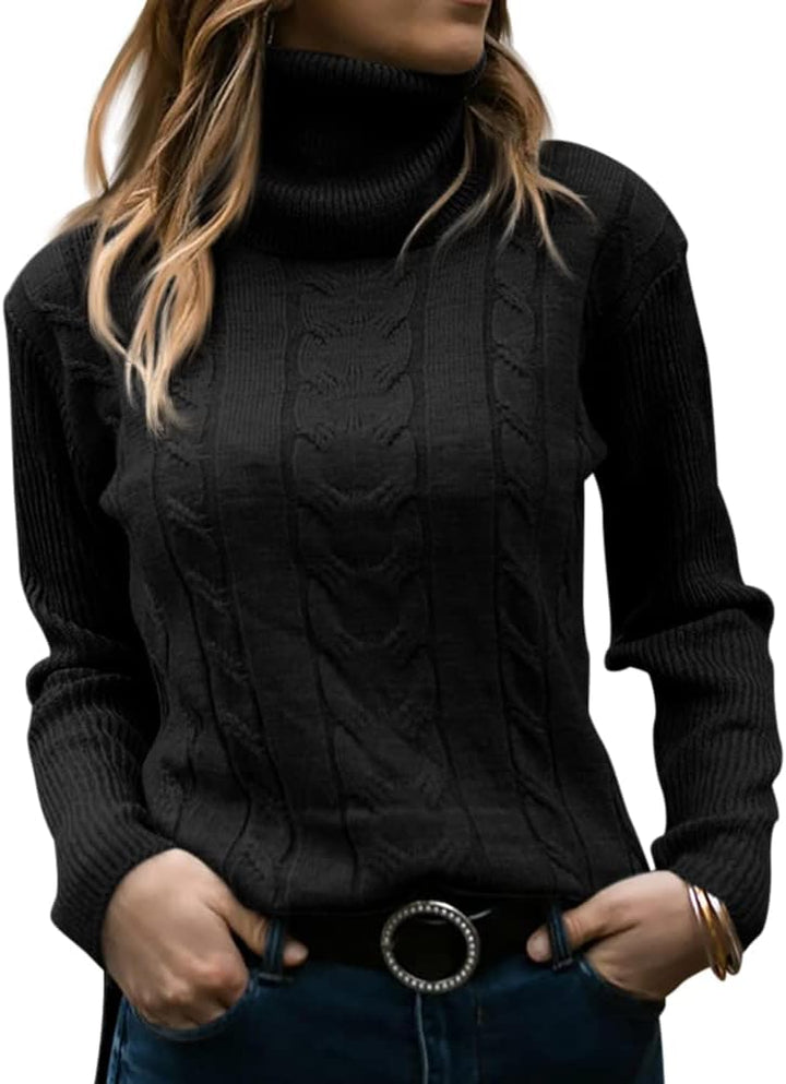 Frau in schwarzem Rollkragenpullover mit Zopfmuster, lässig, modisch, Herbstmode.