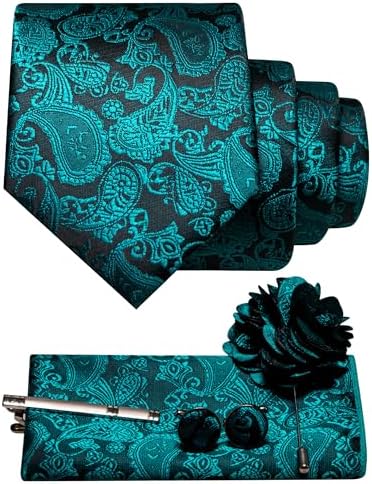 Set kravaty s paisley vzorem, kapesníčku, manžetových knoflíčků, spony a brože v tyrkysově zelené na tmavém podkladu 25
