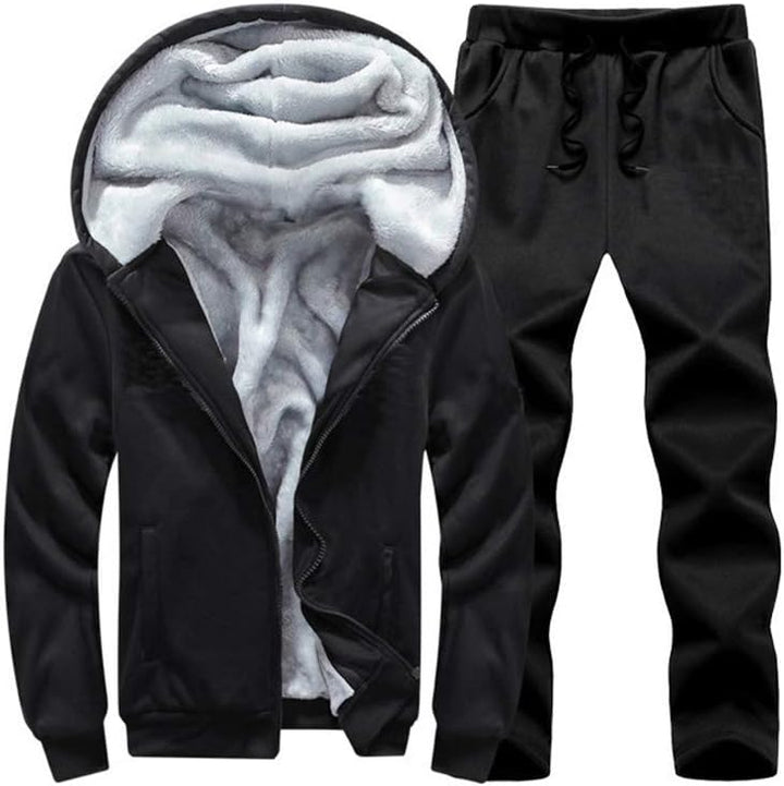 Schwarzer Herren-Trainingsanzug mit Kapuze, Fleece-Innenfutter, Reißverschluss, Jogginghose.