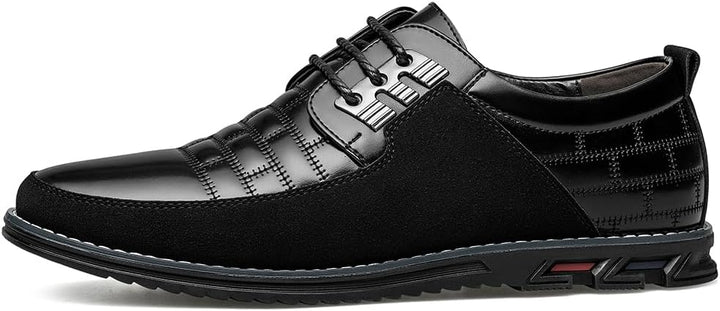 Schwarzer Herren-Ledersneaker, rutschfeste Sohle, modisches Design, Freizeitkleidung.