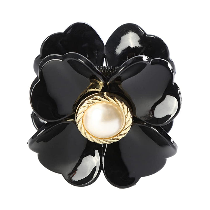 Schwarze Haarspange Blume mit Perle, elegantes Accessoire, Kunststoff, Damenmode.