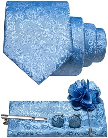 Set kravaty s paisley vzorem, kapesníčku, manžetových knoflíčků, spony a květinové brože ve světle modré barvě 33