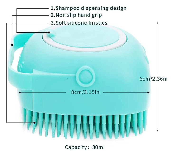 Türkise Silikon-Haarbürste mit Shampoo-Spender, rutschfestem Griff, weichen Borsten, 80ml.