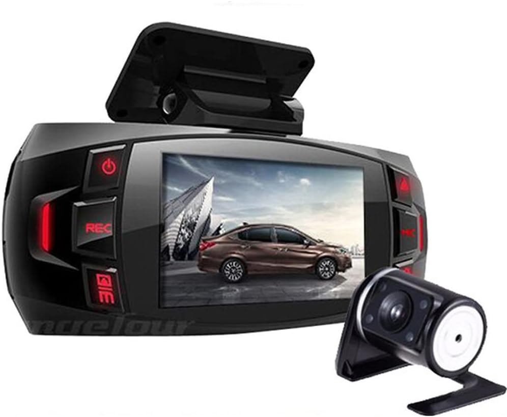 Duální dashcam s 2,7" LCD, 170° širokoúhlým zorným polem a zadní kamerou.