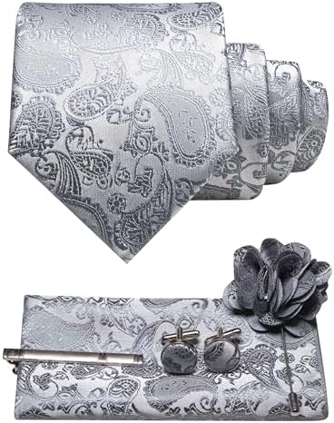 Set kravaty s paisley vzorem, kapesníčku, manžetových knoflíčků, spony a květinové brože ve stříbrošedé barvě 31