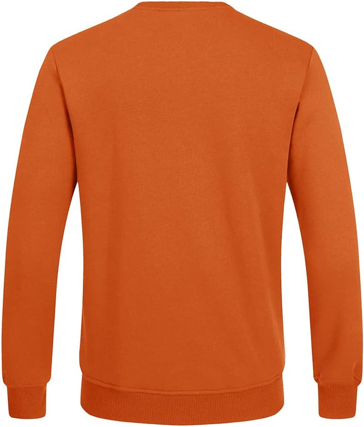 Orangefarbener Herrenpullover, langärmelig, Baumwolle, Rückansicht, modisch, bequem.
