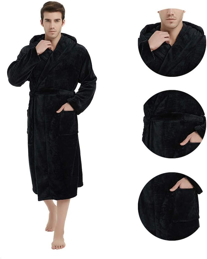 Schwarzer Herren-Bademantel mit Kapuze, Fleece, weich, warm, Taschen, Gürtel.