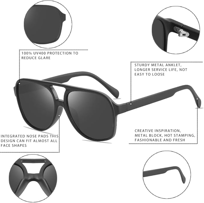 Schwarze Sonnenbrille mit UV400-Schutz, Metallbügel, integrierte Nasenpads, modisches Design.