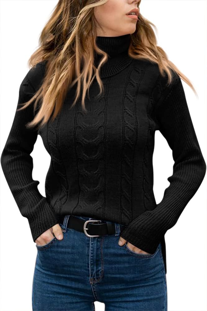 Schwarzer Rollkragenpullover Damen, Zopfmuster, Strick, warm, modisch, Herbstmode.