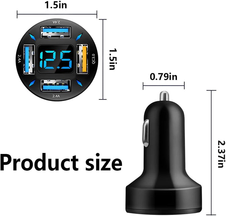 Schwarzes USB-Autoladegerät mit LED-Anzeige, vier Anschlüssen, kompakt, 12V, Schnellladung.