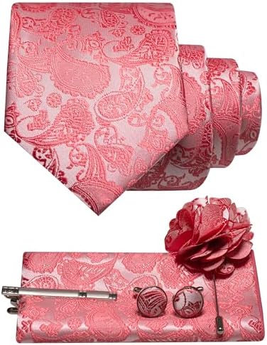Set s korálově růžovou paisley kravatou, kapesníčkem do saka, manžetovými knoflíčky, sponou na kravatu a broží do klopy. 3