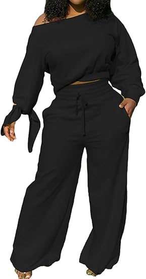 Schwarzer Damen-Zweiteiler, Off-Shoulder-Oberteil, weite Hose, Freizeitmode, bequem.