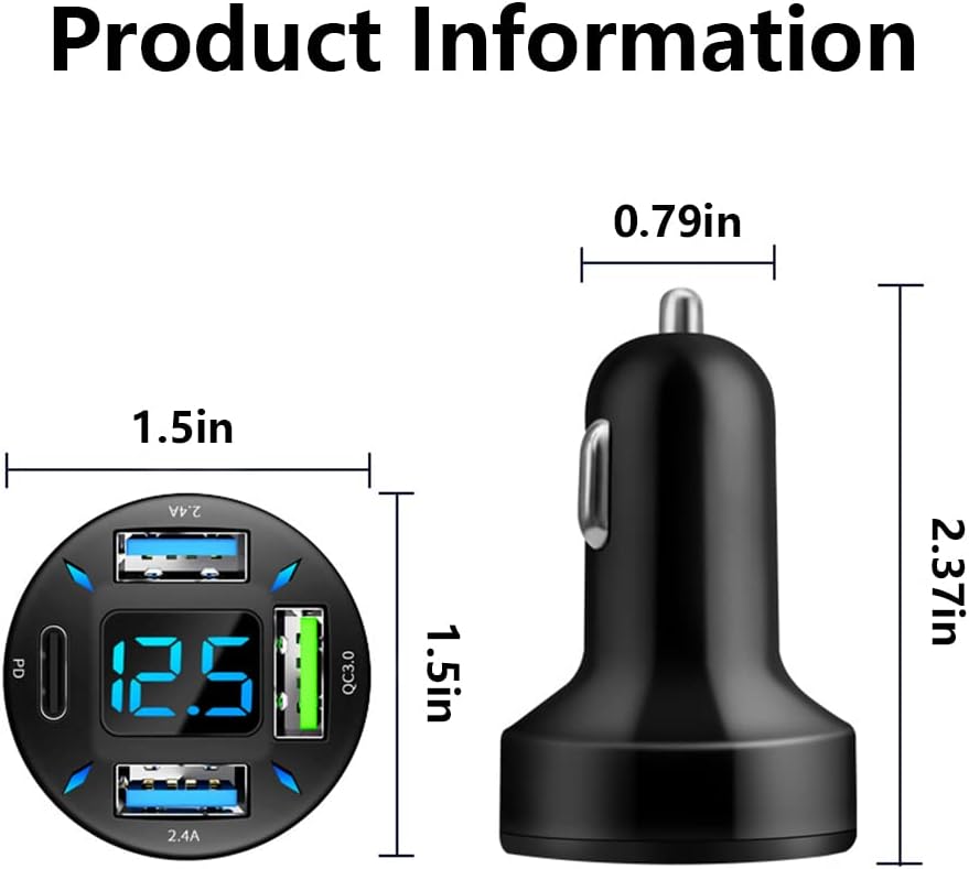 Schwarzes USB-Autoladegerät mit LED-Anzeige, drei Anschlüssen, Schnellladefunktion.