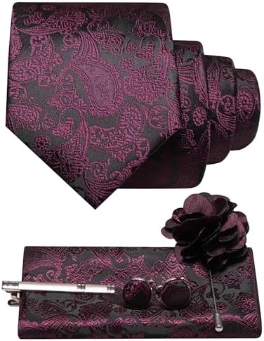 Set kravaty s paisley vzorem, kapesníčku, manžetových knoflíčků, spony a brože v bordó fialové na černém podkladu 27