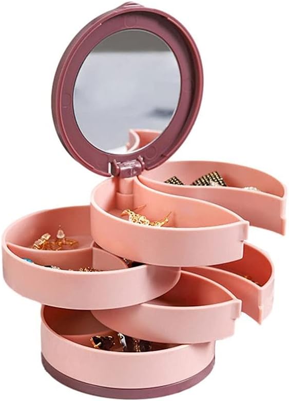 Rosa Schmuck-Organizer mit Spiegel, drehbare Fächer, Kunststoff, platzsparend, modern.