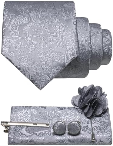 Set kravaty s paisley vzorem, kapesníčku, manžetových knoflíčků, spony a brože v tmavším šedém odstínu 32