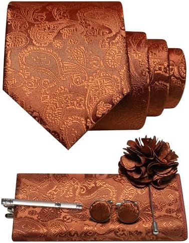 Set s měděně hnědou paisley kravatou, kapesníčkem do saka, manžetovými knoflíčky, sponou na kravatu a květinovou broží do klopy. 15